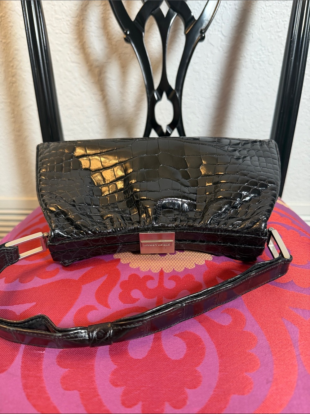Giorgio Armani Black Croc-Embossed Leather Clutch Wristlet